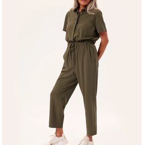 Olive Green Stretch Woven Jumpsuit by Girlfriend Collective, size small